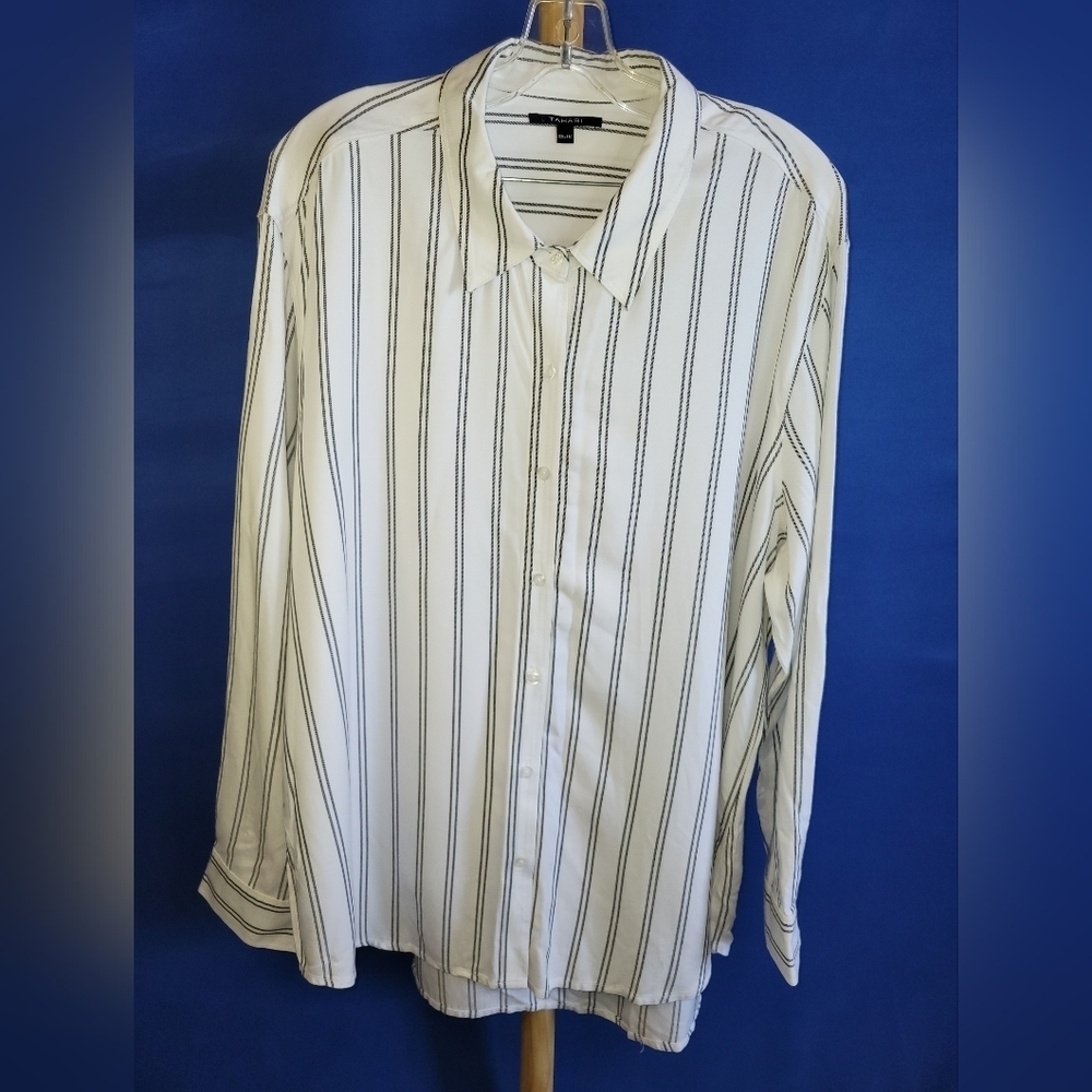 Tahari Button Up Dress Shirt White With Grey Piping XXL
